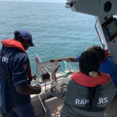 Thamarrurr rangers prepare equipment for deployment. Left to right: Malcom Martin| Christine Tchemjiri and Margaret Melpi. Credit: AIMS